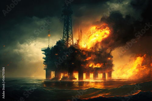 offshore oil platform on fire and damaged due to explosion. sea pollution. generative ai