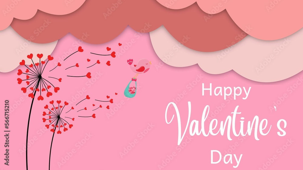 Valentine's pink background with clouds and little bird ornaments 