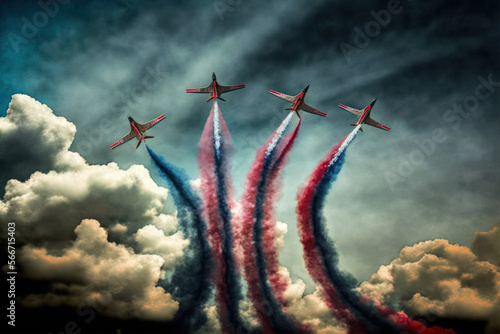 air show with airplanes doing acrobatics and smoke with usa flag colors. generative ai