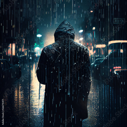 Sad Person Walking in Digital Glitch Rain