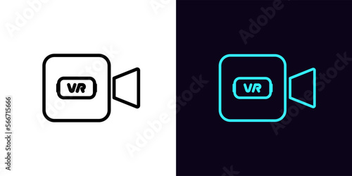 Outline VR video icon, with editable stroke. Camera frame with VR glasses sign, virtual reality video content. Gaming VR stream and video show, live media content.