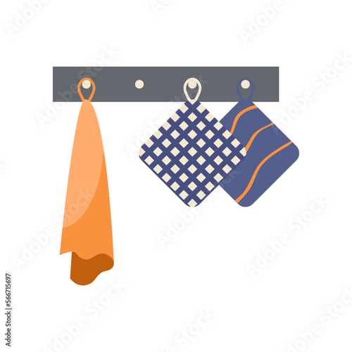 Towel and potholders hanging on hooks vector illustration. Cartoon drawing of orange towel and blue potholders for kitchen isolated on white background. Kitchenware, household concept