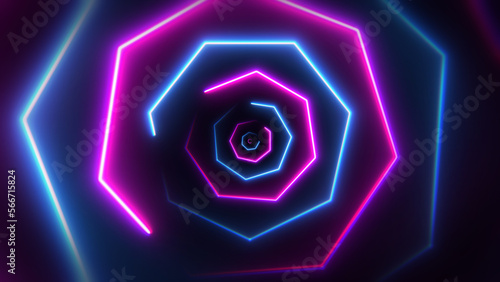Blue and purple neon tunnel made by heptagons