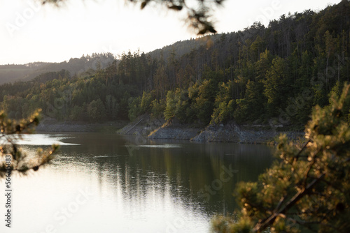 A romantic sunset over a beautiful lake