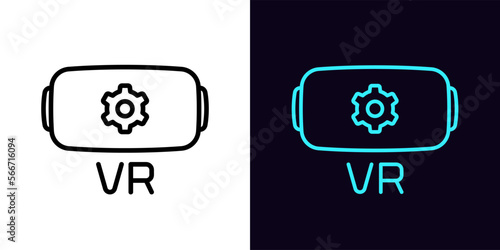 Outline VR glasses settings icon, with editable stroke. VR glasses frame with gear sign, gaming adjustment for virtual reality. VR headset configuration and metaverse gaming world setting.