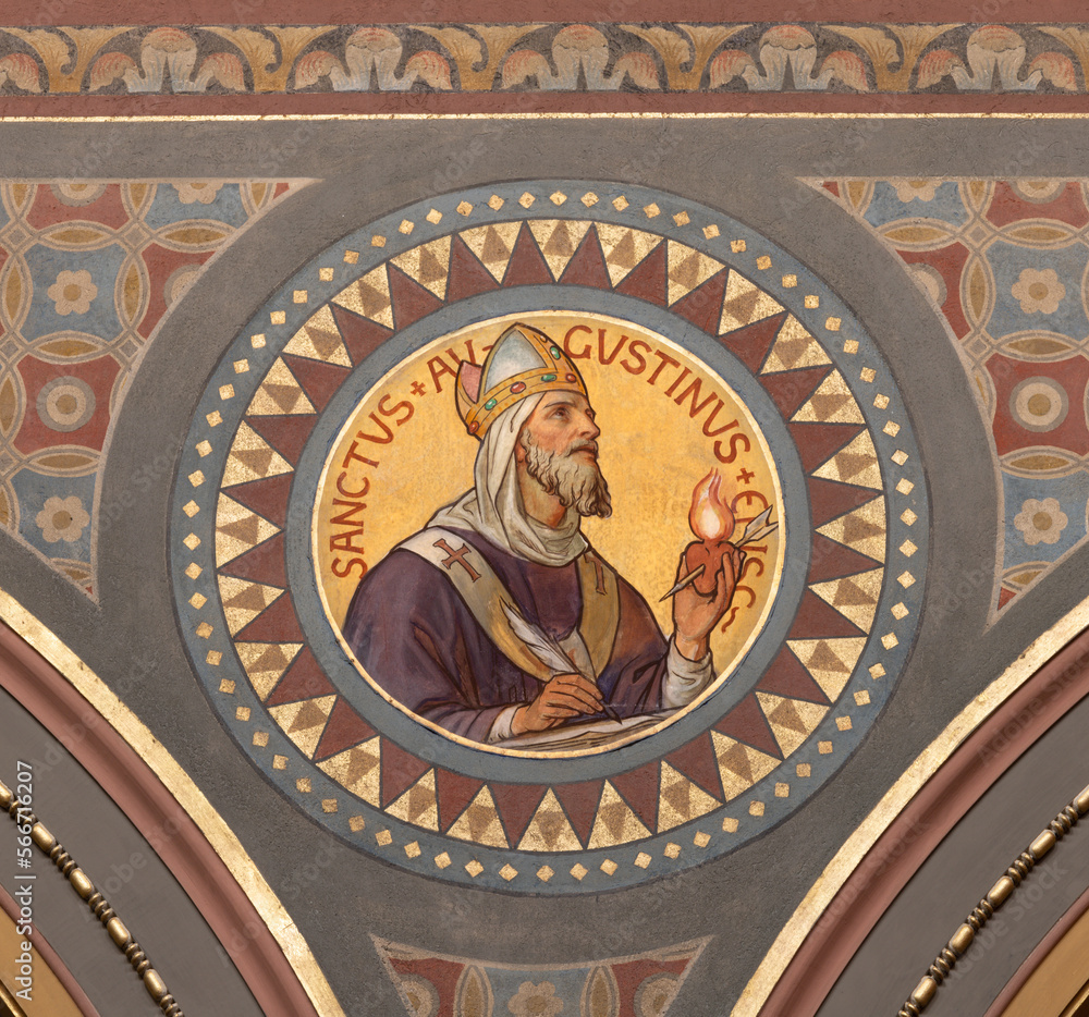 BERN, SWITZERLAND - JUNY 27, 2022: The fresco of St. Augustine in the church Dreifaltigkeitskirche by August Müller (1923).
