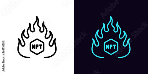 Outline hot NFT offer icon, with editable stroke. Fire frame with NFT sign, gaming token liquidation. Hot NFT collection, burning digital token, NFT marketplace, virtual cryptocurrency.