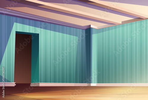 Vector cartoon style empty room. Living room, hall, bedroom or office. Wooden floor, wallpaper, door passage.