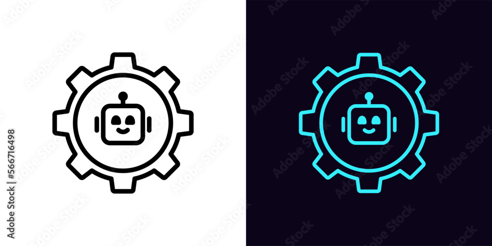 Outline bot settings icon, with editable stroke. Gear wheel frame with chatbot sign, smart assistant control. Bot adjustment tool, chatbot algorithm setting, robot configuration.