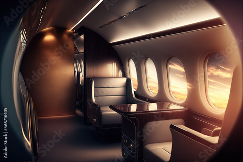Interior of an empty luxury charter airplane interior with leather seats, windows, LED ambient lights, reflective table, flight during sunset, generative AI