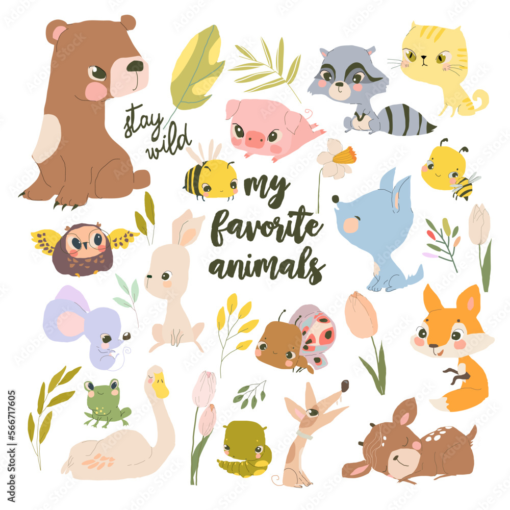 Naklejka premium Set of Cute Woodland Animals on White Background