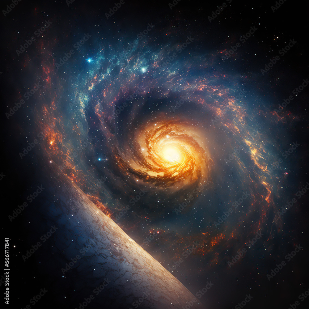 Photorealistic image of space showing a distant galaxy