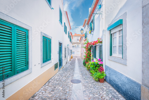 Stone Paved Street with White Houses and Flowers in Cascais. Portugal.