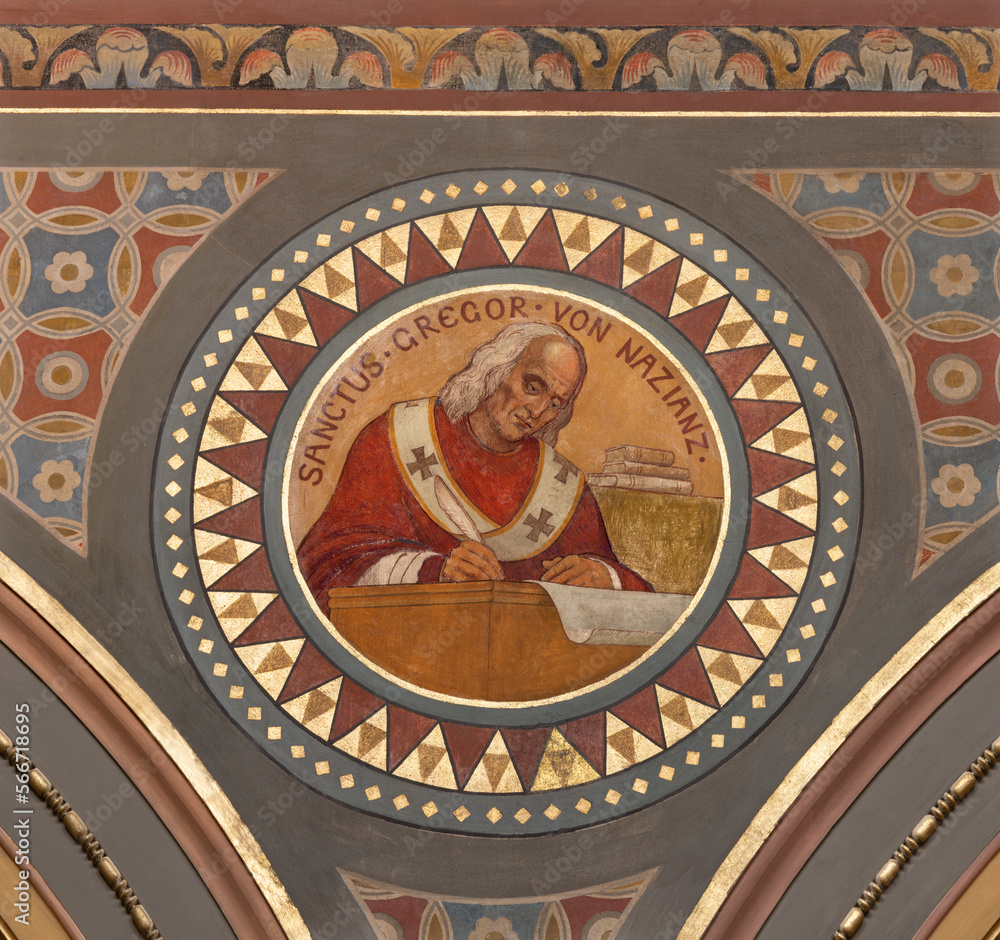 BERN, SWITZERLAND - JUNY 27, 2022: The fresco of St. Gregory of Nazianzus in the church Dreifaltigkeitskirche by August Müller (1923).