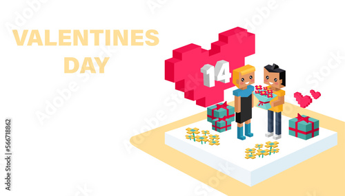 Valentine day concept. Red pixel heart flower with sweet couple on honeymoon vacation summer holidays romance. Love isometric concept. Happy Valentines Day 14. Love, honesty, romantic, relationship