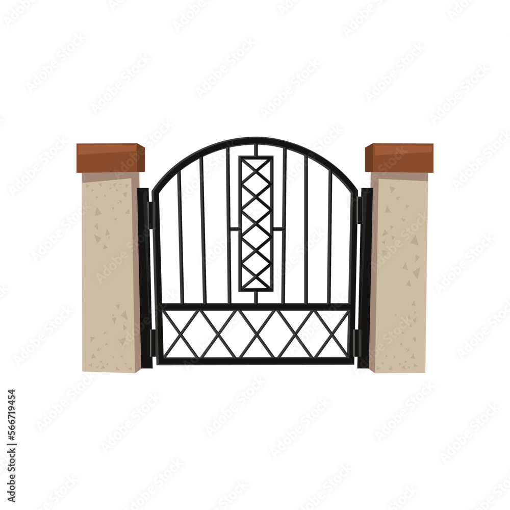 Wrought iron fence gate with stone wall vector illustration. Manor barrier with closed door, ornaments and decoration isolated on white background. Entrance, city concept Wrought iron fence gate with stone wall vector illustration. Manor barrier with closed door, ornaments and decoration isolated on white background. Entrance, city concept