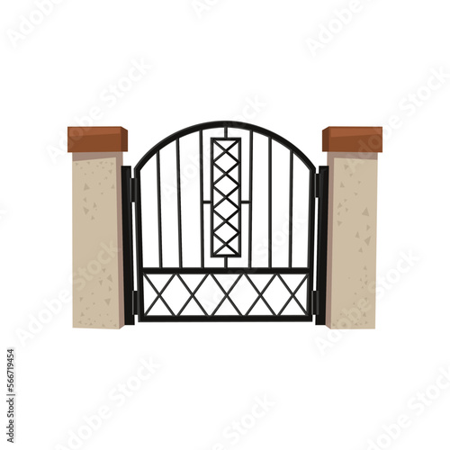 Wrought iron fence gate with stone wall vector illustration. Manor barrier with closed door, ornaments and decoration isolated on white background. Entrance, city concept