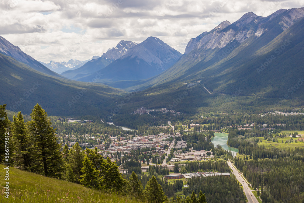 Aerial view of Banff. Mountains City Rivers and Lakes - Tourism Alberta, Canada