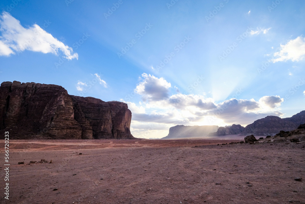 rocks in the wadi rum desert at sunset