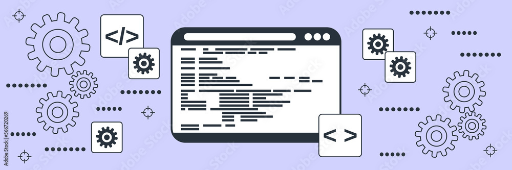Application development, program coding, SEO optimization, software construction flat contour style vector concept illustration Application development, program coding, SEO optimization, software construction flat contour style vector concept illustration