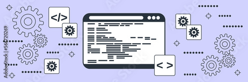 Application development, program coding, SEO optimization, software construction flat contour style vector concept illustration