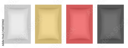 Set of foil sachets or pouches. Vector bags mockup, wet wipes paper or foil packs. Cosmetics samples. Moisturizing sheet face mask. White, gold, red and black packaging mockups