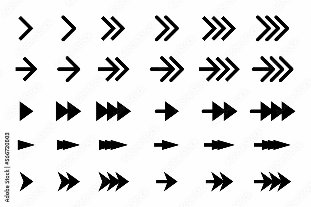 Vector Arrows set. Black arrow icons isolated on white background. Arrows icon. Right arrows black and white color in flat design Vector Arrows set. Black arrow icons isolated on white background. Arrows icon. Right arrows black and white color in flat design