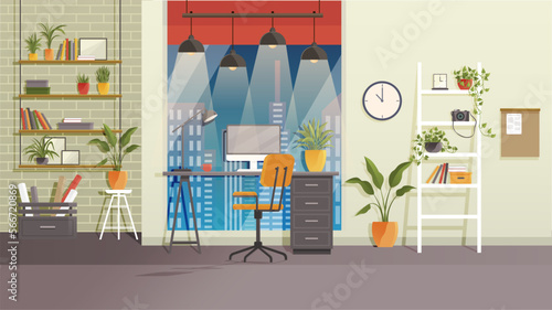 Workplace room, modern Interior, cabinet at night. Premises with computer. Colorful vector in flat style. Home office interior room for working with pc. Design of modern empty office working place