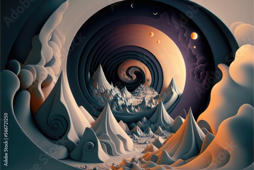 Abstract shapes swirl in a dreamlike landscape. Generative AI