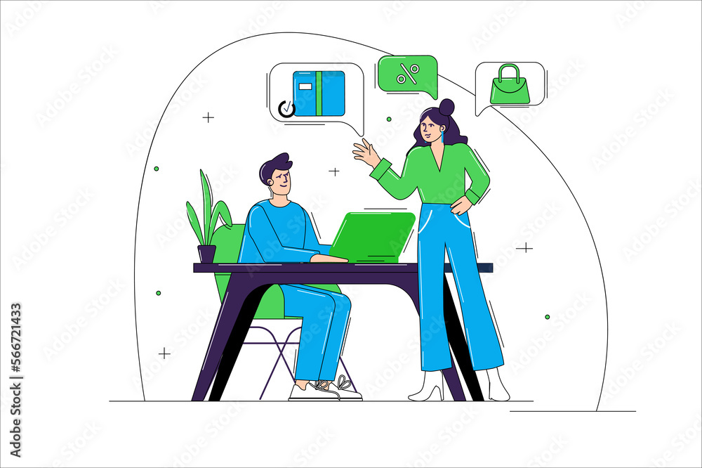 E-commerce blue and green concept with people scene in the flat cartoon style. Manager explains to the new employee how to conduct financial transaction for the products