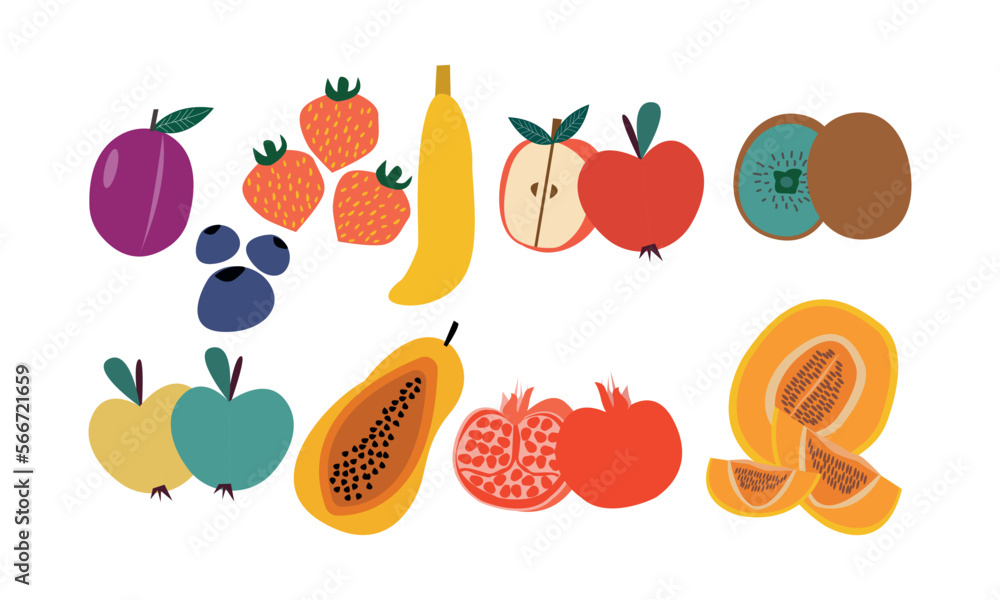 Exotic fruits set. Tropical vitamin summer food. Healthy ripe sweet nutrition. Cut avocado, fig, pineapple, half pomegranate, apricot. Colored flat vector illustrations isolated on white background Exotic fruits set. Tropical vitamin summer food. Healthy ripe sweet nutrition. Cut avocado, fig, pineapple, half pomegranate, apricot. Colored flat vector illustrations isolated on white background