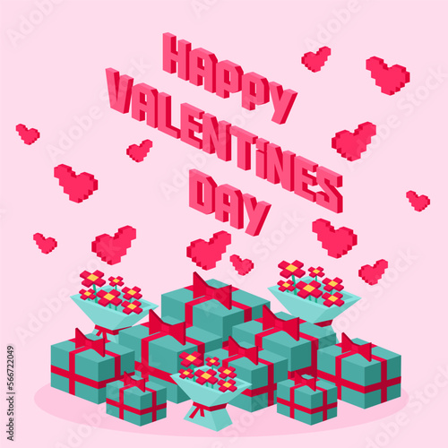 Valentine day pixel concept. 3d Gifts for boyfriend and girlfriend, wife and husband. Love isometric concept wallpaper, card. Happy Valentines Day 14 februare. Love, honesty, romantic, relationship