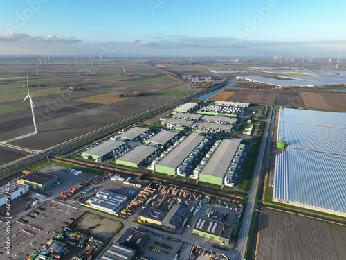 Cuadro en lienzo Large scale computing infrastructure, datacenter aerial drone overhead view