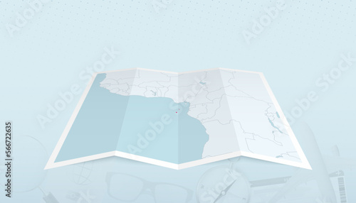 Map of Sao Tome and Principe with the flag of Sao Tome and Principe in the contour of the map on a trip abstract backdrop.