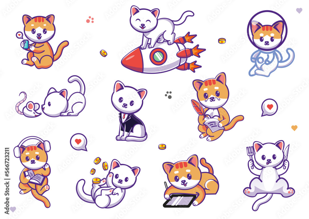 Fototapeta premium Cute Vector Cat Kitten Collection Social Media Illustration Set