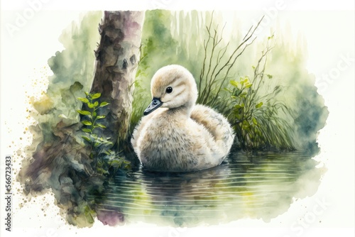 Cute cygnet in the swamp. Watercolor painting of cute young swan animals. Generative AI photo