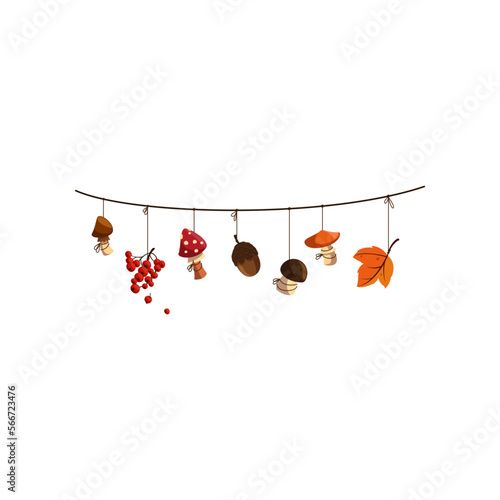 Autumn garland with mushrooms and leaf. Vector illustration of fall garland. Cartoon garland with mushrooms and sprigs with acorns isolated on white. Thanksgiving decor concept