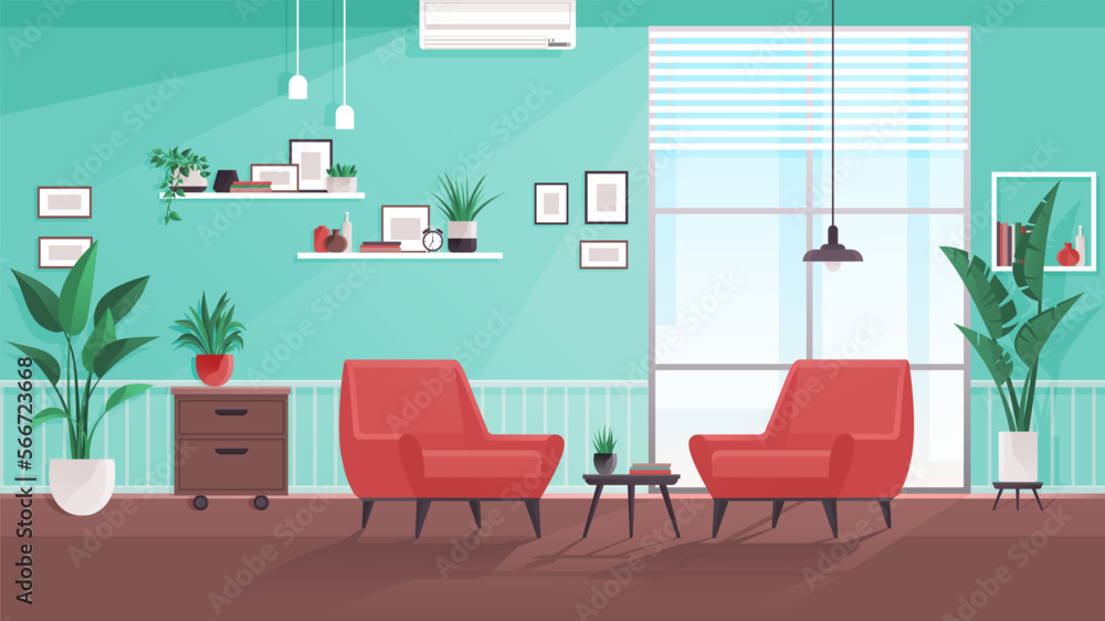 Interior design living room. Furniture in regular home with no people. Plants, chair, chest of drawers, shelf on wall and interior elements. Armchair red fabric. Hanging lamp, window on green wall Interior design living room. Furniture in regular home with no people. Plants, chair, chest of drawers, shelf on wall and interior elements. Armchair red fabric. Hanging lamp, window on green wall