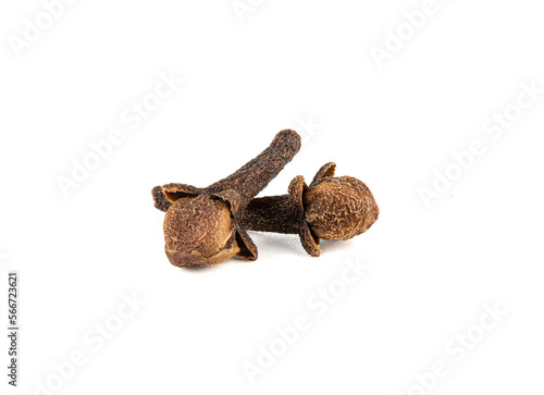 Close-up of dried unopened buds of a tropical clove tree on a white background.