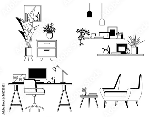 Set of various items for interior design of living room, office, apartment furnishings line art. Design of modern home office workplace. Creative workspace equipment furniture for room interior. Black