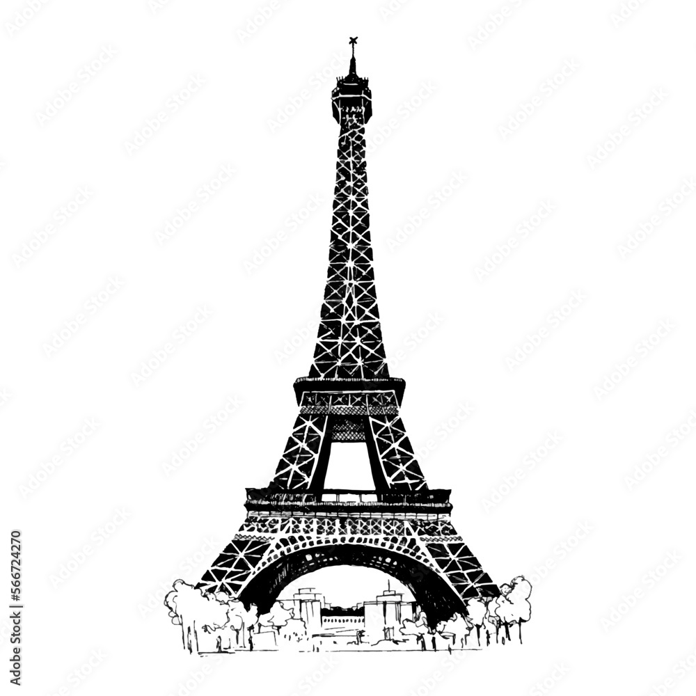 Eiffel Tower. Paris Landmark. Landscape of Paris. Vector Hand-drawn Sketch Illustration
