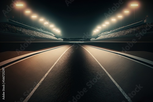 Asphalt racing track finish line and illuminated race sport stadium at night. Professional digital 3d illustration. generative ai