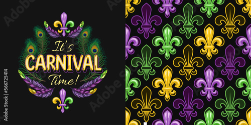 Set of label, seamless geometric pattern for Mardi gras carnival decoration. Fleur de lis, feathers, text on dark background. For prints, clothing, t shirt, holiday goods, stuff.