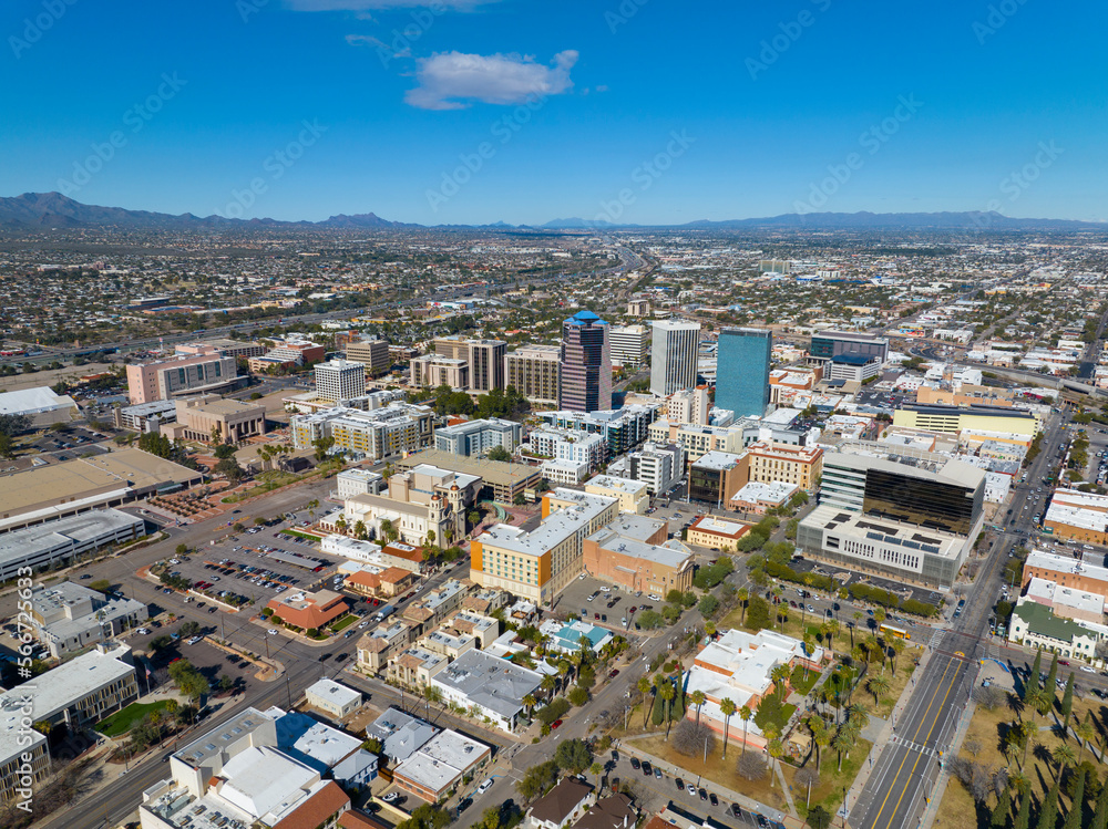 St. Augustine Cathedral and Tucson skyscrapers including One South Church, Bank of America Plaza and Pima County Legal Services Building in downtown Tucson, Arizona AZ, USA. 