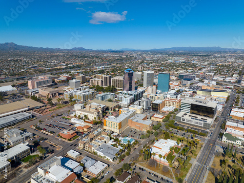 Fototapeta Naklejka Na Ścianę i Meble -  St. Augustine Cathedral and Tucson skyscrapers including One South Church, Bank of America Plaza and Pima County Legal Services Building in downtown Tucson, Arizona AZ, USA. 