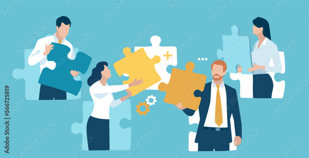 People put together puzzle. The concept of problem solving, teamwork. Vector illustration. People put together puzzle. The concept of problem solving, teamwork. Vector illustration.