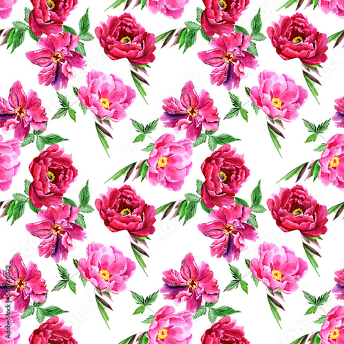 Watercolor pink peonies in a seamless pattern. Can be used as fabric, wallpaper, wrap.