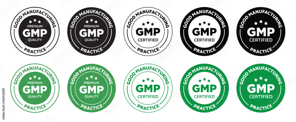 GMP or Good manufacturing practice Rounded vector icon set in black and green color	
