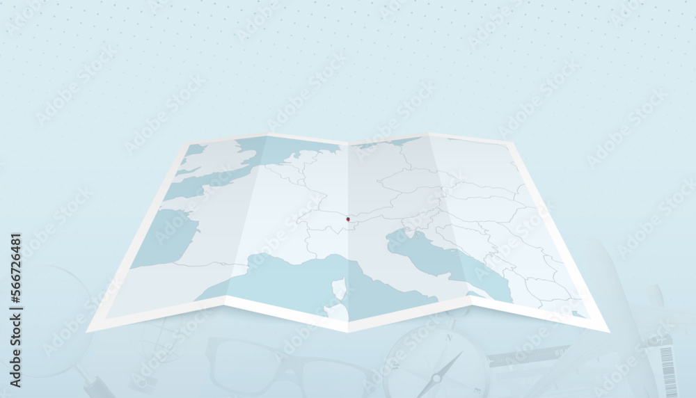 Obraz premium Map of Liechtenstein with the flag of Liechtenstein in the contour of the map on a trip abstract backdrop.