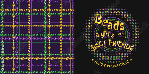 Set of round ornament, seamless tartan pattern for Mardi gras carnival decoration. String of green, yellow, purple beads, text on dark background. For prints, girls clothing, t shirt, holiday goods